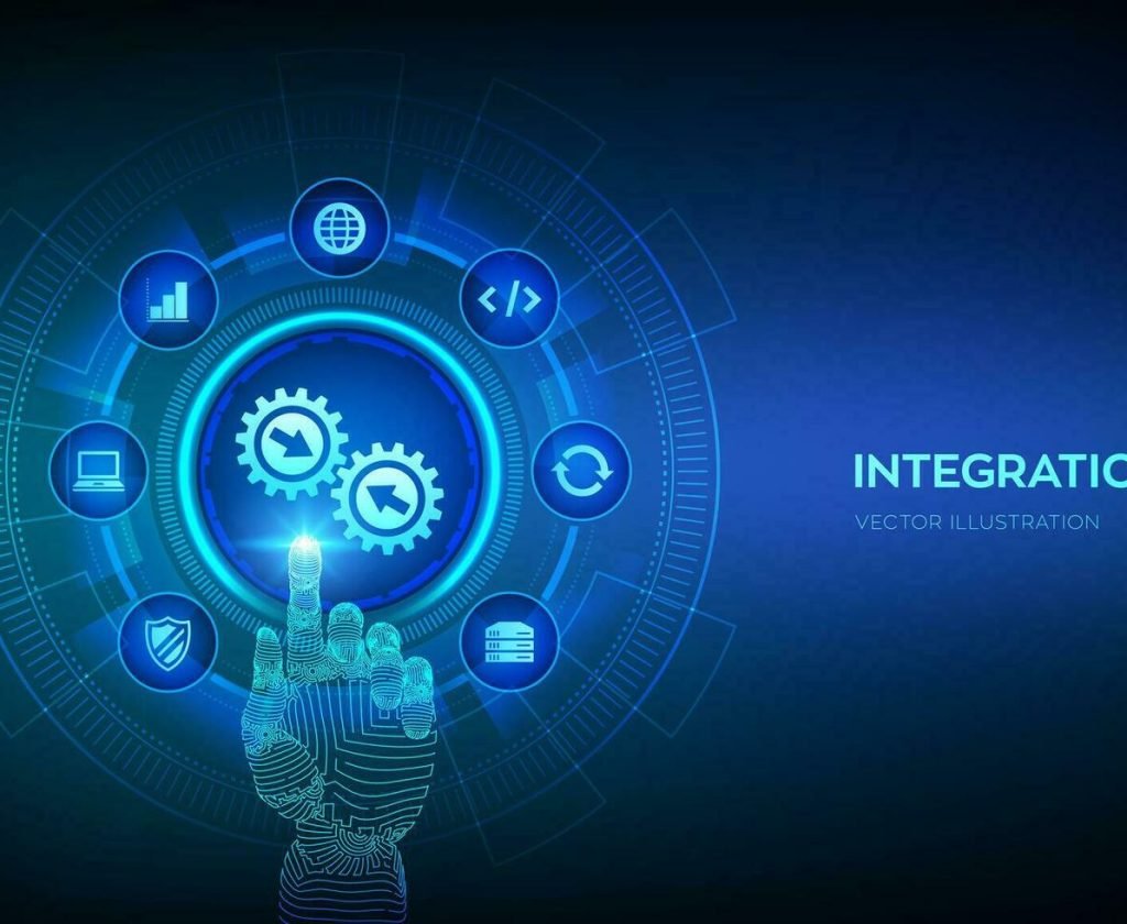 integration-data-system-system-integration-concept-on-virtual-screen-industrial-smart-technology-business-automation-solutions-robotic-hand-touching-digital-interface-illustration-vector